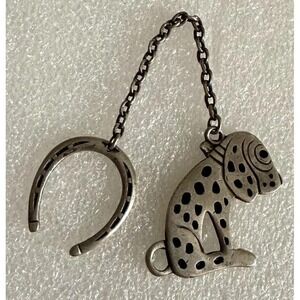 Antique Dismal Desmond Dalmatian Dog & Horseshoe Sterling Silver Keychain Fob